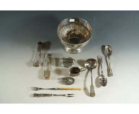 Electroplate presentation bowl, Ronson lighter, two sugar tongs, two piece pickle forks etc.