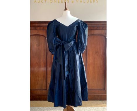 A late 1980s Laura Ashley midnight blue shot acetate party dress, with plunging V / semi-sweetheart neckline, gigot sleeves, 