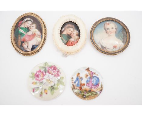 Late 19th / early 20th Century miniatures, including a printed and hand-tinted portrait of a lady in 18th Century dress, with