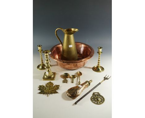 Copper and brass ware including copper bowl,  36cm diameter, Joseph Sankey jug, powder flask, pair of candlesticks etc.