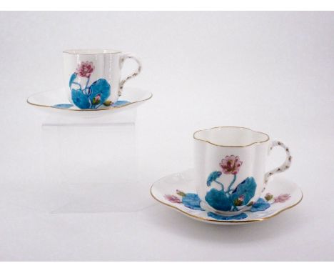 Two Victorian Coalport cups and saucers, each relief-moulded and enamelled in depiction of water lilies, Design Registration 