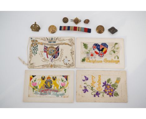 A 1911 dated manuscript birthday card from HMS "Perseus", together with three silk postcards