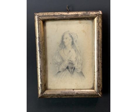 (19th Century) Portrait of a young lady in 1830s costume clutching to her chest a locket on chain, graphite on paper, framed 