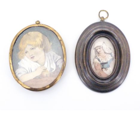 Two watercolour miniatures, including a study of a young lady in continental dress, annotated in pencil to the back 'copied b