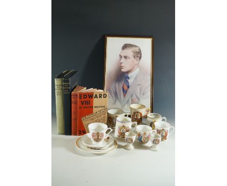 A period framed printed portrait of Edward VIII together with related books etc