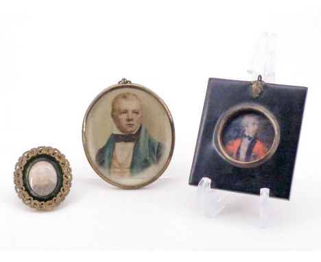 Late 19th / early 20th Century portrait miniatures, including a lithographic print of Sir Walter Scott, framed under glass, 1