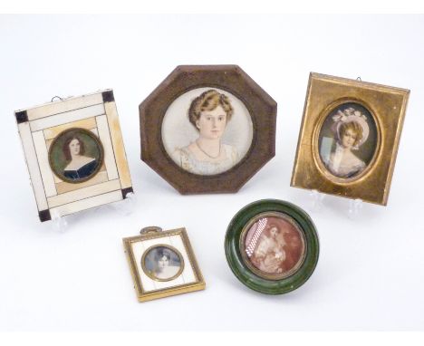 Late 19th Century / early 20th Century printed portrait miniatures of ladies, including a printed silk portrait of Princess M