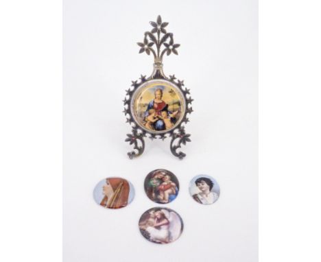 A late 19th / early 20th Century electroplate and porcelain easel-back religious icon, transfer printed, 14 cm, together with