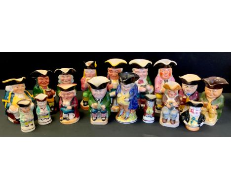 A late 19th century snuff taker toby jug;  smaller pearlware style others, Kelsbro, Burleigh, Woods &amp; Son, Carltonware et