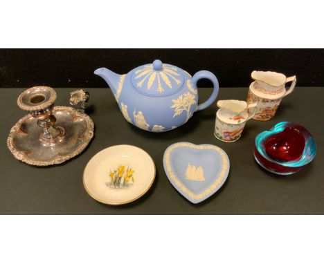 Ceramics &amp; Glass - a Wedgwood powder blue jasperware teapot;  trinket dish;  Royal Crown Derby Avesbury cream jugs;  Mura