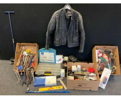 Tools - plumbing tools including pipe freezer kit, drain rods, stop tap key, pipe benders etc. Bikers Gearbox leather jacket 