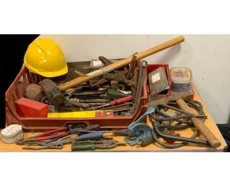 Tools - assorted hand tools, metal work, drill bits sledge hammer, clamps, qty, large qty. Also included are X2 suitcases 