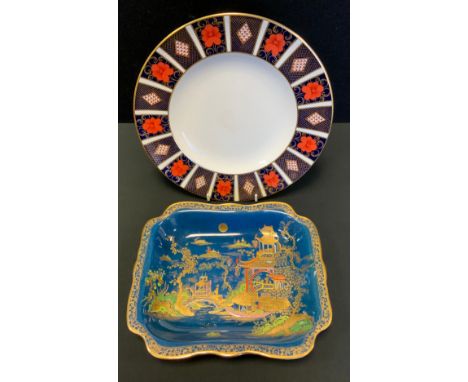 A Royal Crown Derby 1128 Imari dinner plate, first quality;  a Carltonware Pagoda pattern Blue shaped rectangular bowl  (2) 