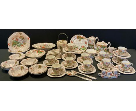 A Phoenix ware tea set, for twelve inc teapot, hot water jug, biscuit barrel, straining bowl, cups,  sauces etc 