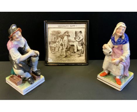 A pair of Staffordshire figures ‘Jobson &amp; Nell, Cobbler and wife’ 31.5cm tall, c.1850;  a 19th century painted tile ‘Mamm