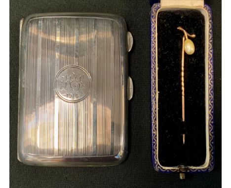 Jewellery &amp; Silver;  a 9ct gold oval pearl set tie pin, stamped 9ct, 1g gross, cased;  a silver cigarette case, Birmingha