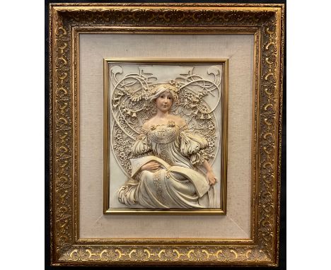 A 20th century wall plaque in the Art Nouveau style, ‘Bringer of Spring’, resin, gilt frame, 72.5cm x 64cm overall;  a set of