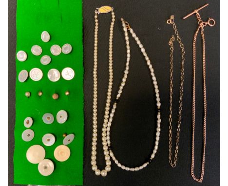 A 9ct gold fine link Albertina watch chain, 39cm long, stamped 9ct, 8g;  a 9ct gold oval link necklace, 1.3g ;  mother of pea