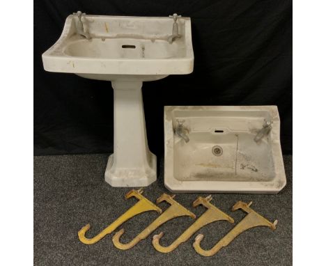 Architectural salvage - an early 20th century two tap full pedestal basin sink by ‘Shanks’, 87cm tall x 63cm wide;  another s