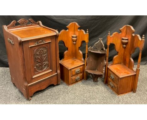 A Victorian mahogany Purdonium, carved door panel, ceramic casters, c.1890;  a pair of wall mounted corner shelves;  etc, (4)