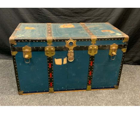 A Vintage Steamer cabin trunk, Cunard liners stickers attached. 57cm tall x 102cm wide x 53cm deep. 