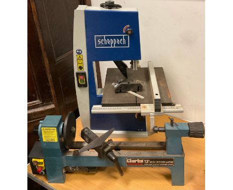 Woodworking equipment and tools - A Clarke 13” variable speed mini wood lathe;  a Scheppach ‘BASA 1’ bench band saw, (2). 