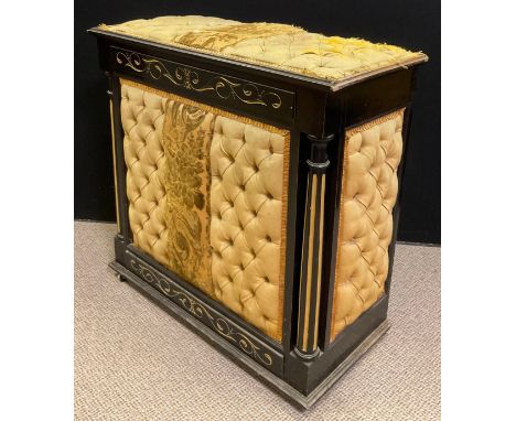 A French, Napoleon III style, tall chest / coffer, ebonised wood and deep button upholstery, turned decorative supports, carv