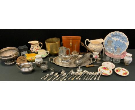 A silver plated rose bowl;  oval tray;  pair of binoculars;  Royal Crown Derby Posies, table china, Indian brass planter etc 