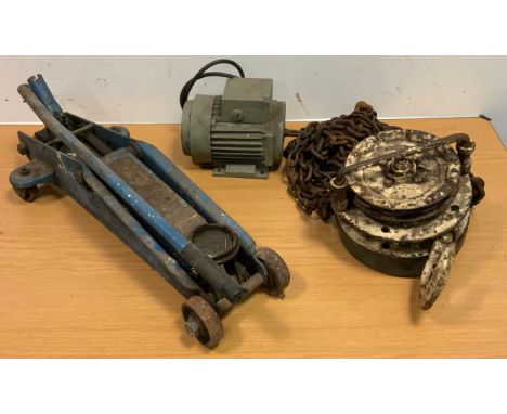 Tools - A five ton lifting block and tackle hoist;  car jack;  electric motor, (3). 