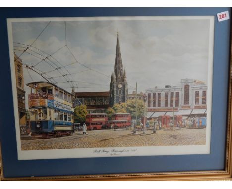 FRAMED PRINT OF BULL RING BIRMINGHAM C1948 WITH TRAMS. DAVRON 1986