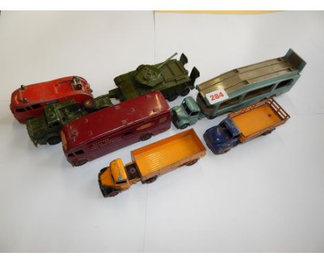 DINKY SUPERTOYS, 555 FIRE ENGINE A/F, HORSEBOX, 417 LEYLAND COMET, 582 CAR TRANSPORTER (BROWN TRACKS)