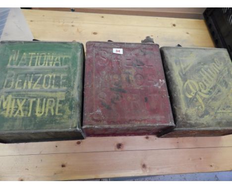 3 OLD PETROL CANS : SHELL, NATIONAL BENZOLE, REDLINE