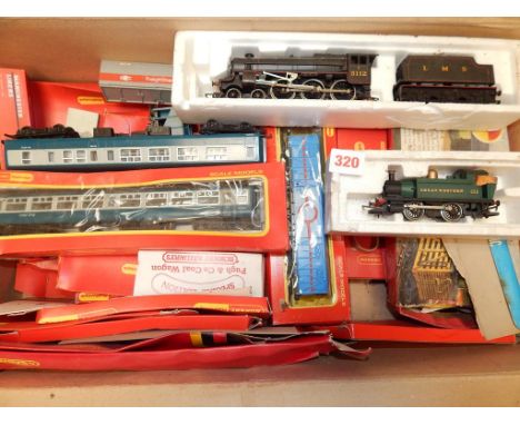 HORNBY BLACK 5 & GWR 0-4-0 , POOR CONDITION N/R , PART BOXED AND UNTESTED, BOX OF MIXED WAGONS AND COACHES
