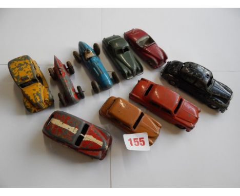 DINKY CARS VANGUARD HILMAN MINX, FORD SEDAN, WOLSEY SIX-EIGHT AUSTIN TAXI, 107 SUNBEAM, 157 JAGUAR, EARLY RACING CAR NO CHASS