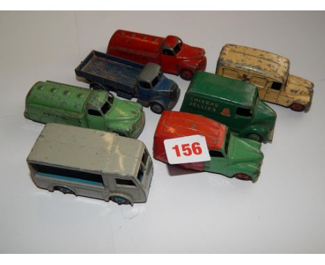 DINKY TOYS 7 U/B MODELS, AUSTIN LORRY, PETROL TANKERS ( RED & GREEN WITH 'PETROL', AUSTIN VAN 470, AMBULANCE, TROJAN CHIVERS,