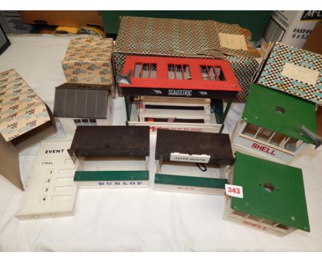 SCALEXTRIC, OLDER, BOXED A208 CONTROL TOWER, A209 GRANDSTAND, A203 OWNERS PIT, A211 FIRST AID POST, GARAGE PIT STANDS