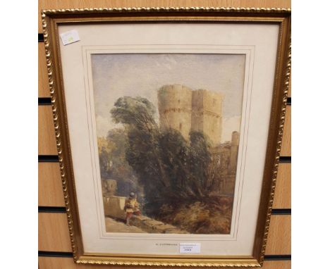 Attributed to Cattermole, George (1800-1868), castle scene with figure holding a firearm, watercolour, unsigned, attribution 