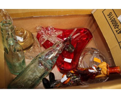 Nina Ricci I'Air Du temps perfume bottle with a Murano clown, assorted glass trinket dishes, paperweights, etc. (One box)
