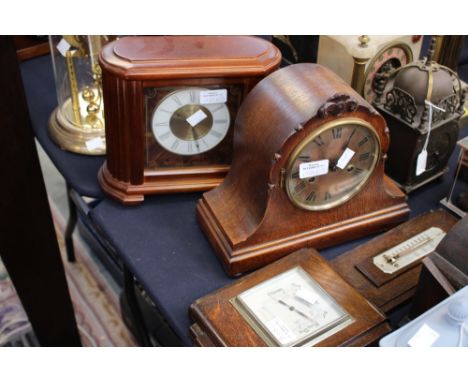 A mantle clock, Roman numerals with key, together with a barometer and a contemporary clock. (3)