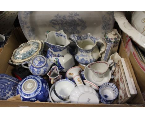Two boxes of assorted ceramics including an early 19th Century oval dish, a blue and white tea bowl, a George III helmet shap