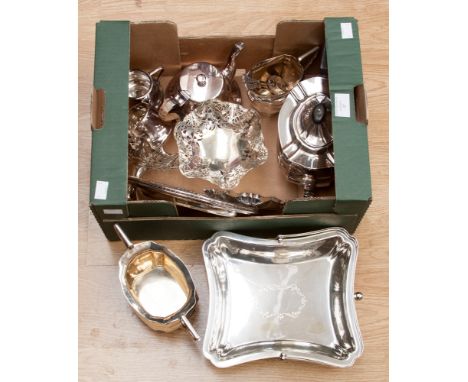 A collection of silver plated ware, comprising three piece tea service, a further tea service, two bon bon dishes, tray, etc.