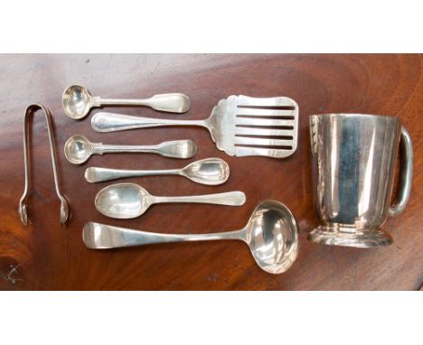 A collection of silver and other plated items including a William IV silver condiment spoon 1831, makers mark for William Cho
