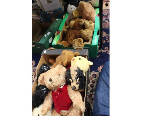 Two boxes of modern teddy bears including Steiff, Deans, etc and a mid 20th Century Merrythought seated dog. (Two boxes)