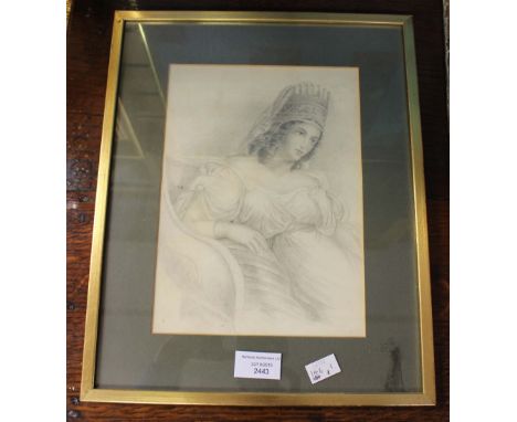 A pencil sketch depicting a young lady wearing a tiara, seated, mounted and framed.