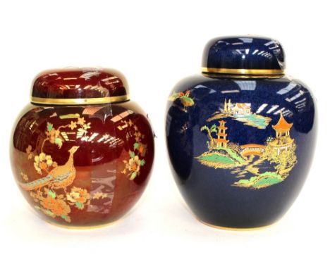 A Carltonware ginger jar and cover, red ground with Oriental style flowers and gilt pheasant, together with another Carltonwa