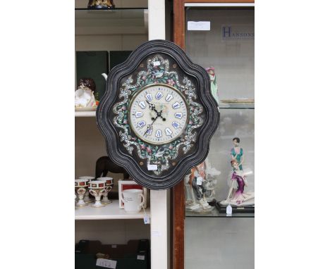 A French wall clock by Morquis Legros, St Omer, marble dial hand painted with raised ceramic Roman numerals, mother of pearl 