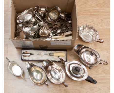 A box containing a collection of EPNS items including tea service, other part tea services, flatware, etc.