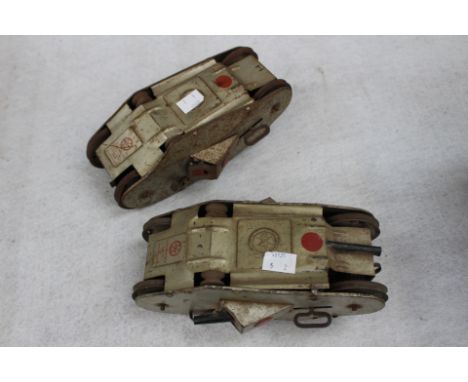 Two World War One Marx of Dudley tinplate tanks, lacking tracks, clockwork requires attention 