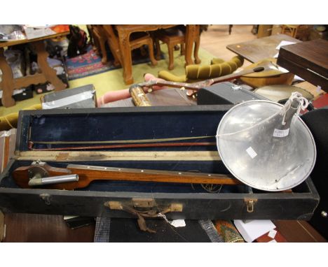 One string fiddle Euphonella Viol Popular Model with large horn, complete with original case.