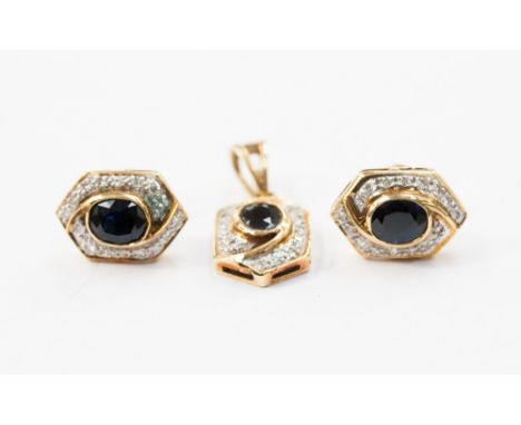 A pair of sapphire and diamond chip earrings and pendant set in Thai gold.